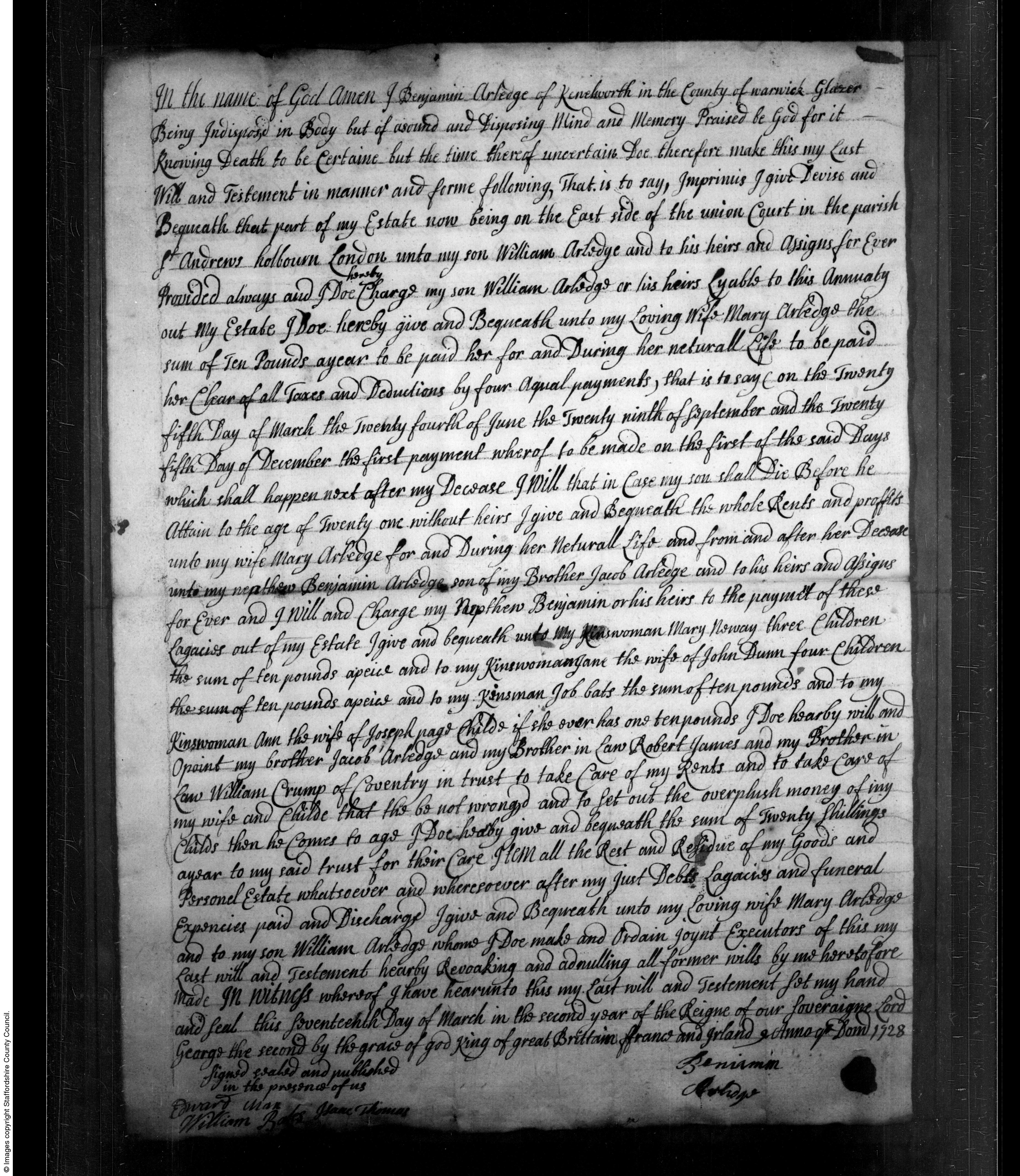 Benjamin's will of 1727